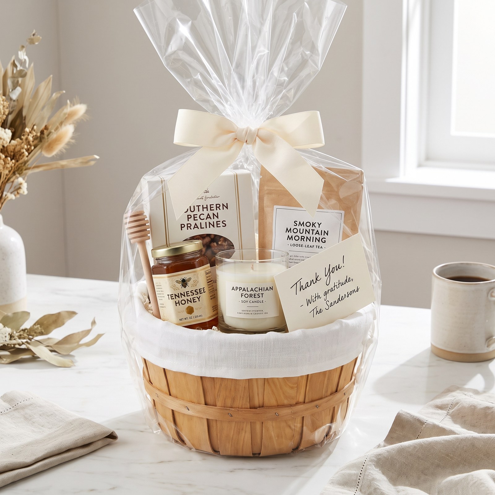 A thank-you basket with Tennessee honey, pecan pralines and a handwritten card